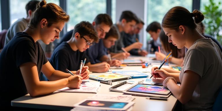 Students developing character sketches and portfolio illustrations